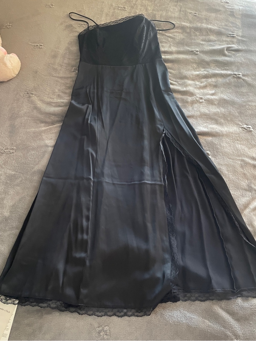 Abercrombie & Fitch Black Satin Maxi Slip Dress with Lace Trim